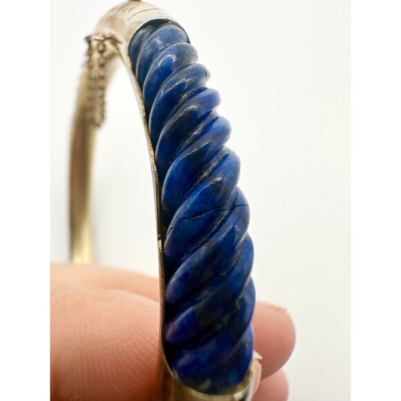 Vintage sterling silver gold plated carved lapis lazuli bangle Bracelet - Picture 7 of 10